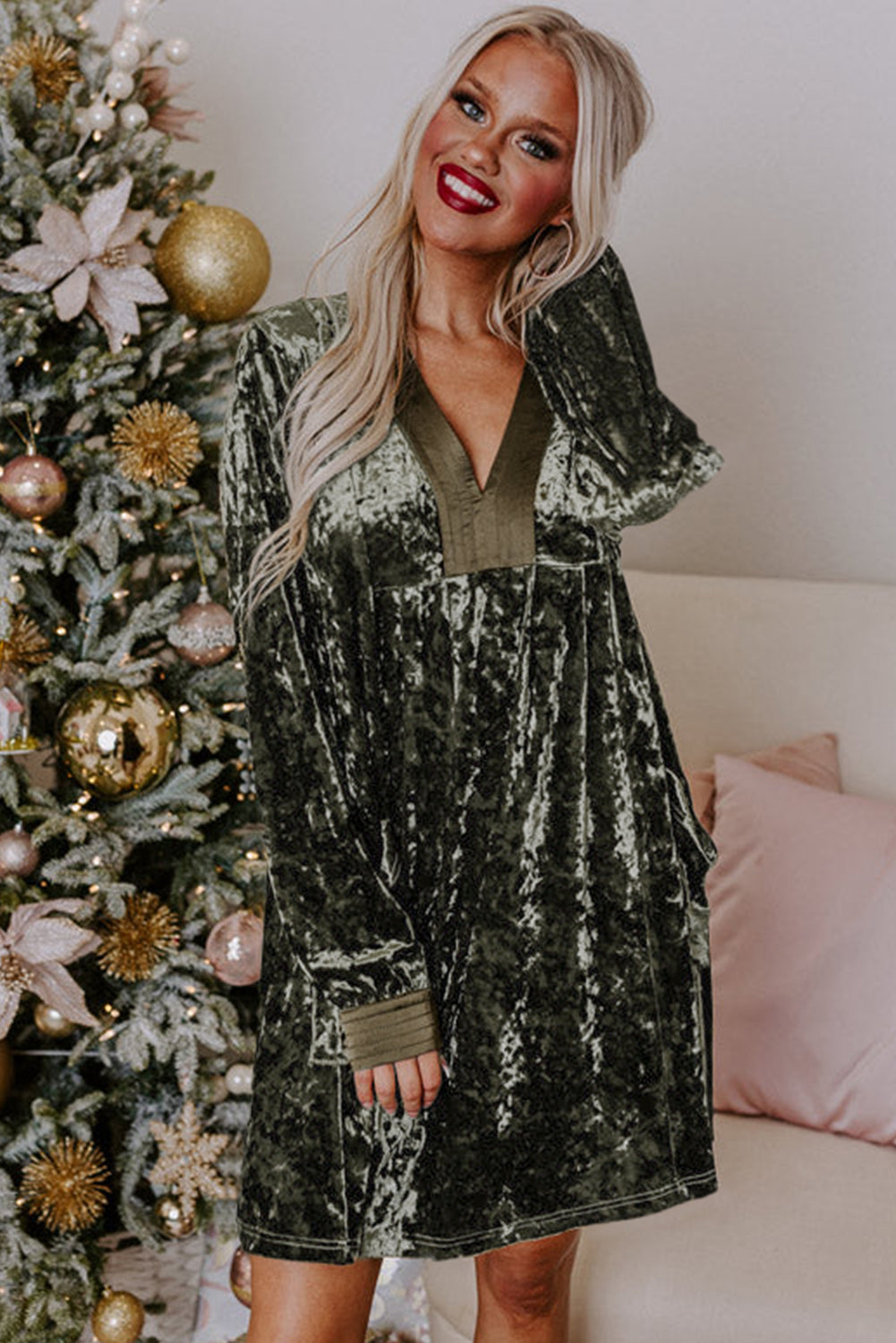 Jungle Green Velvet V Neck Long Sleeve Loose Dress with Pockets S-XL