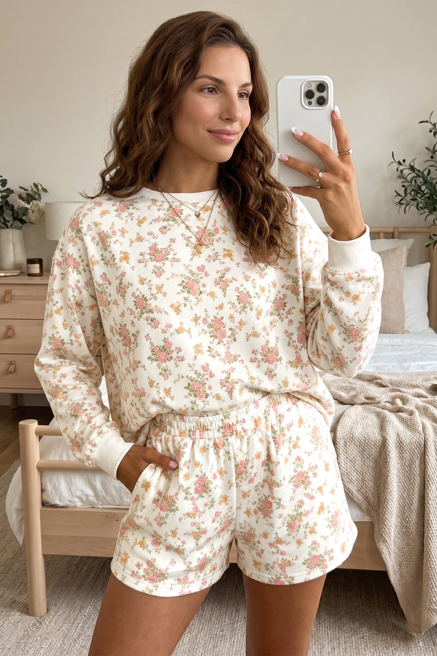 Beige Floral Print Long Sleeve Top & Pocketed Shorts Set | UK 8–22