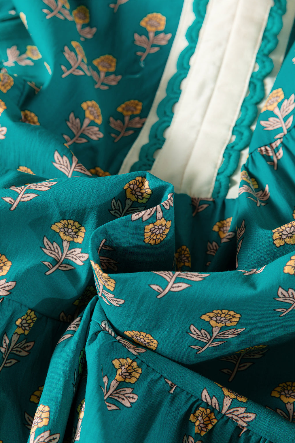 Green Floral Dress Contrast Trim V Neck Short Sleeve Women S-XL