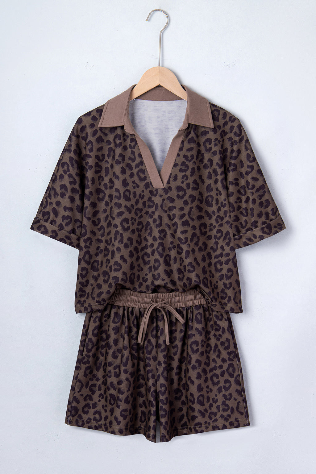 Leopard Print V-Neck Collar 2pcs Short Set | Rose, Khaki & Brown