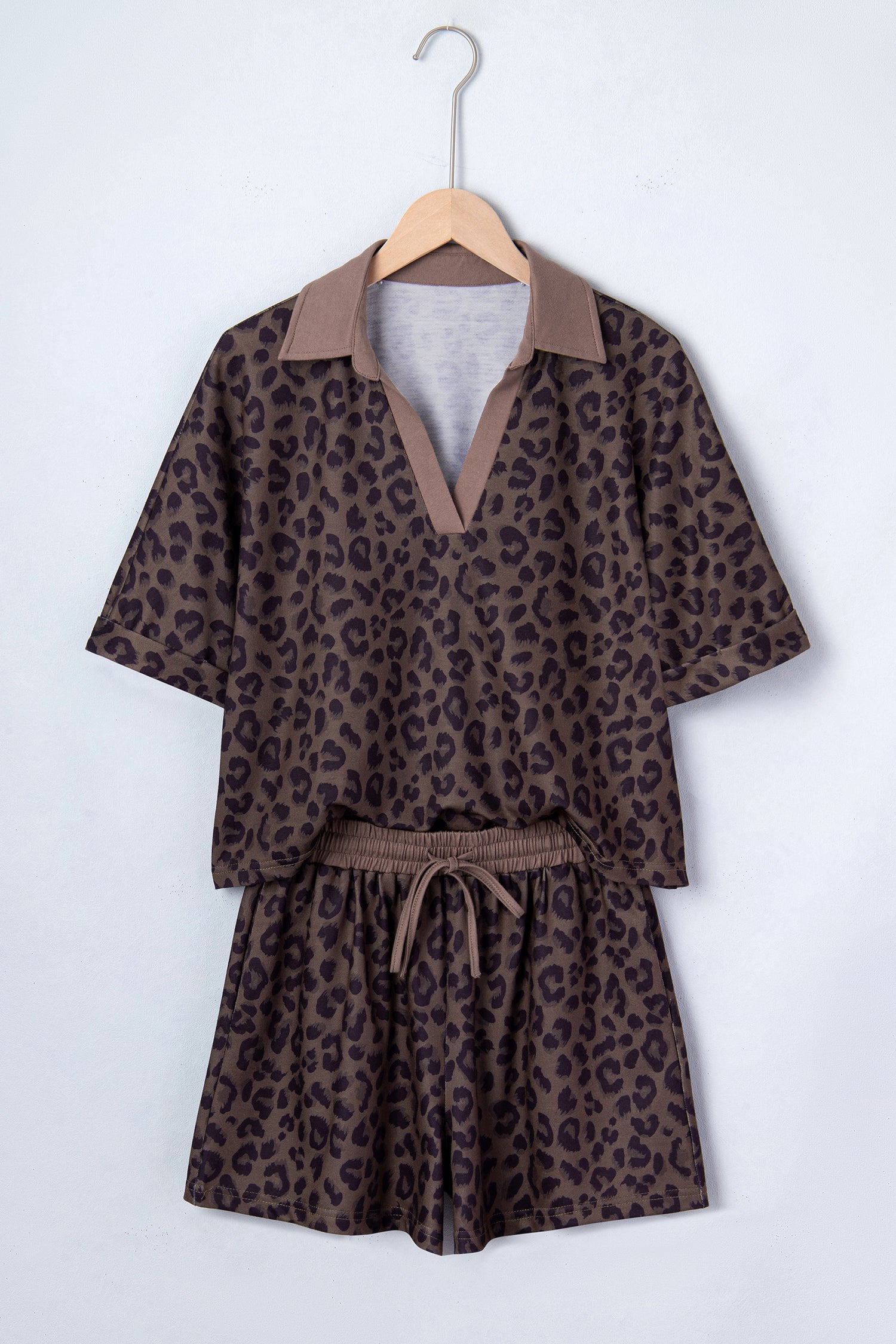 Leopard Print V-Neck Collar 2pcs Short Set | Rose, Khaki & Brown