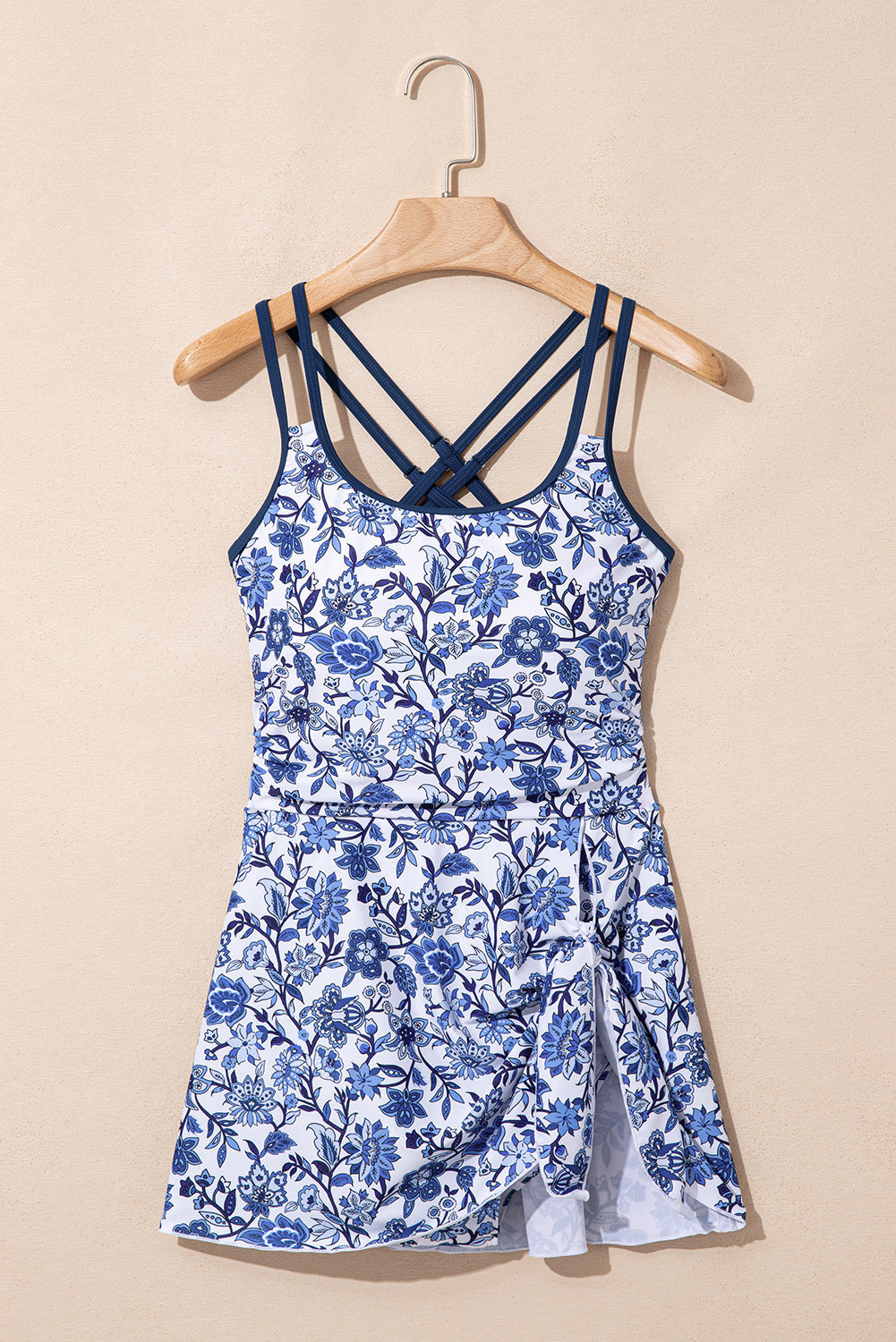 Women's Women Floral Print Crossed Back Knot Side One Piece Swimsuit Blue Navy S-XL at LivelyLooks