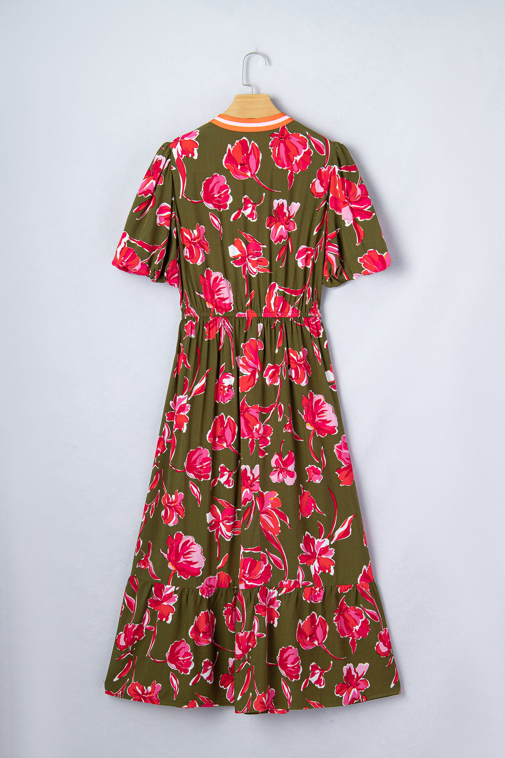Green Floral Maxi Dress Striped Trim Split Neck Puff Sleeve Ruffle Hem Women S-XL
