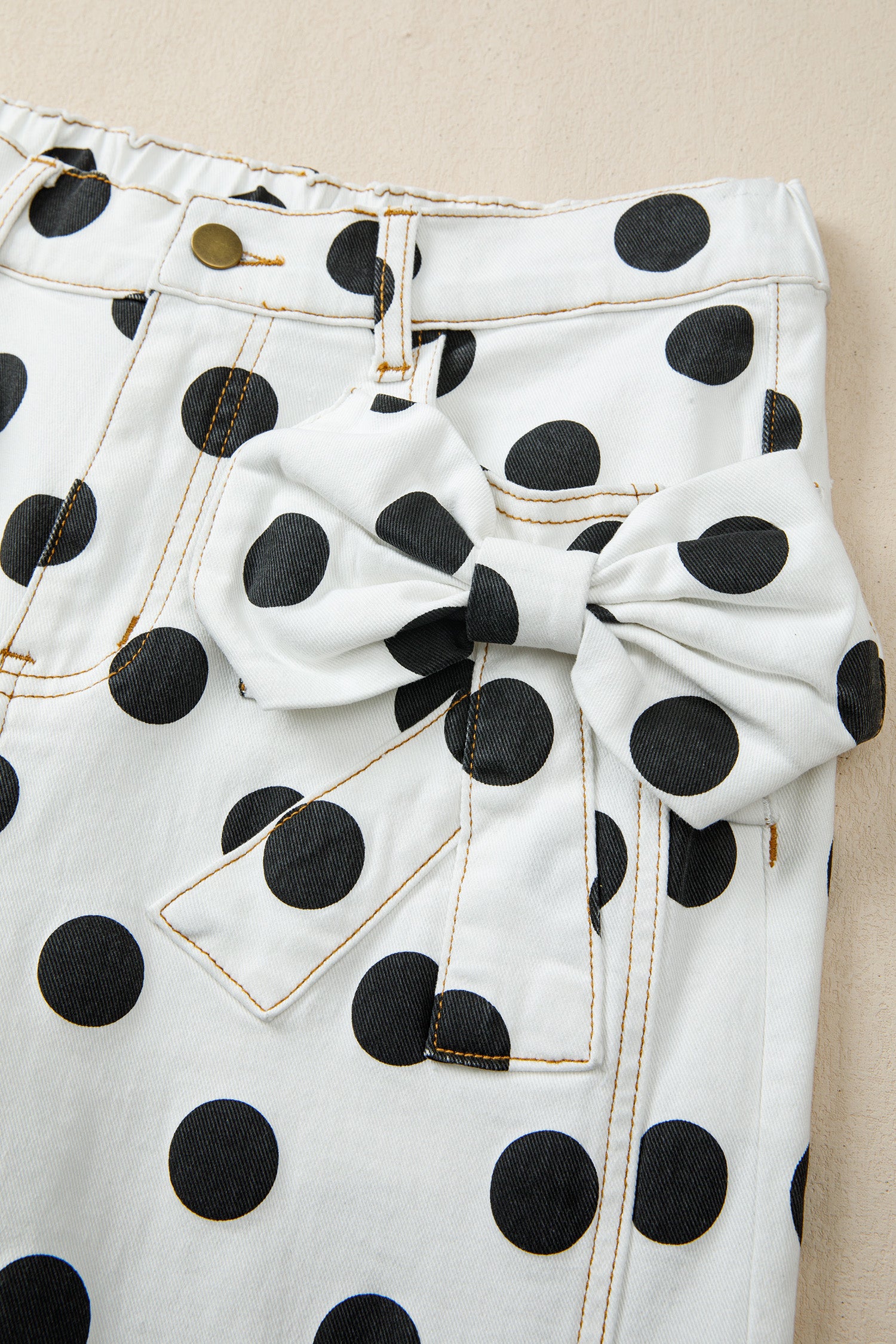 Polka Dot Print Bow Detail Pocketed Loose Jeans | White & Sky Blue