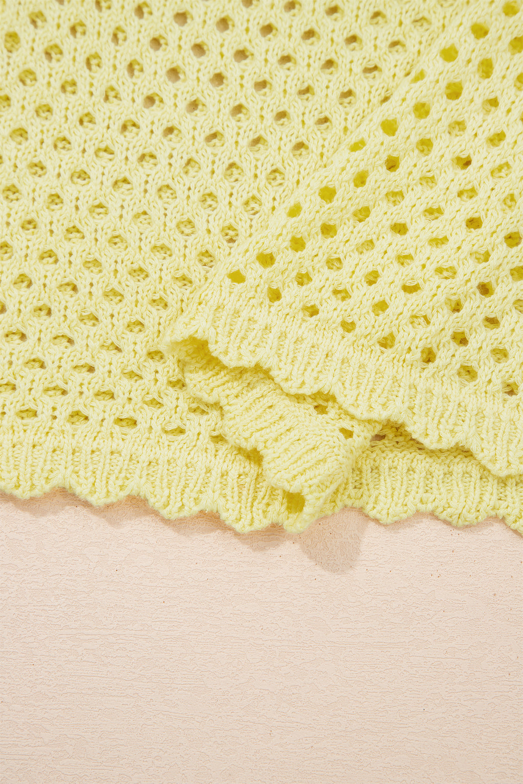 LivelyLooks Yellow Cream Scalloped Trim Hollow Out Knit Long Sleeve Top women's fashion