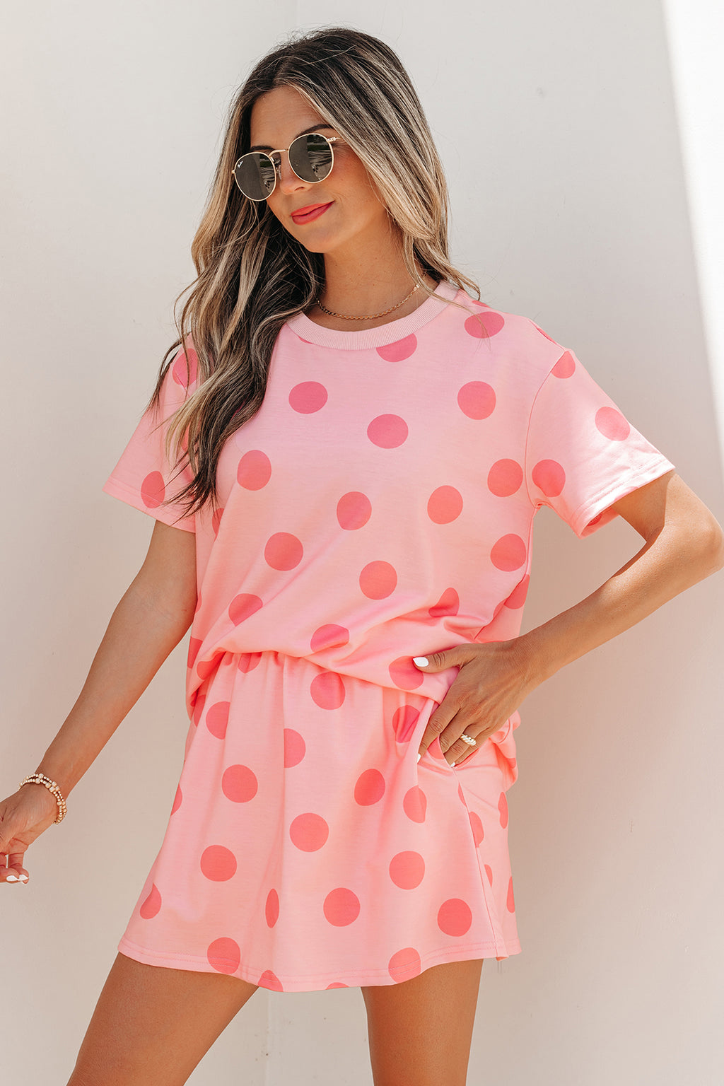 Polka Dot Short Sleeve Top & Casual Skort 2pcs Outfit | White, Pink & Sky Blue