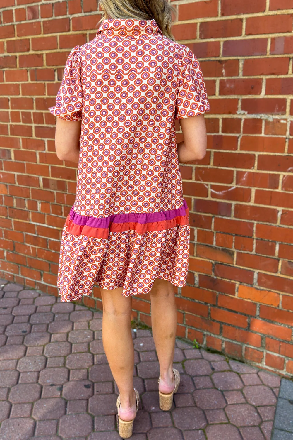Orange Geometric Floral Colour Block Trim Button Front Ruffle Hem Dress S-XL