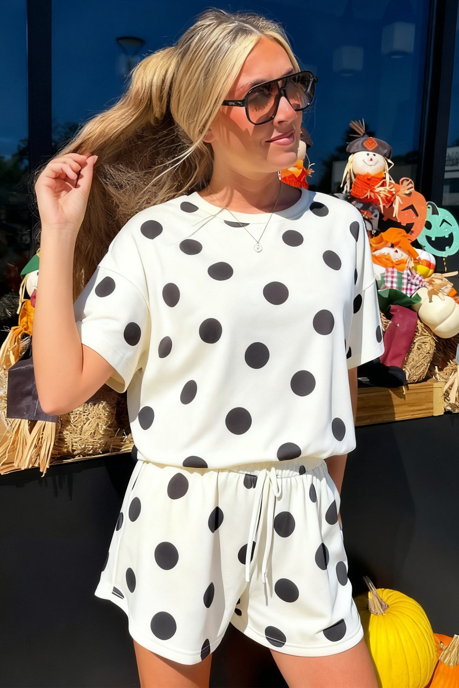Polka Dot Print Tee & Shorts Co-ord Set | Pink, Black & Sky Blue