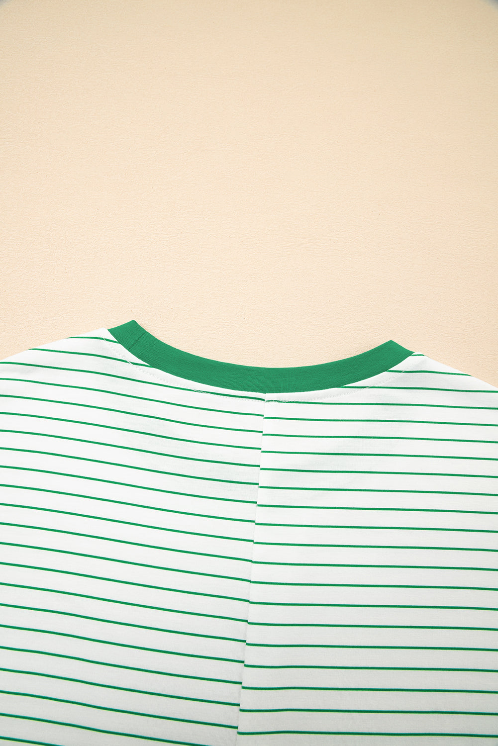 Women's Green Stripe Ruffled Short Sleeve Crew Neck Shift Mini Dress at LivelyLooks