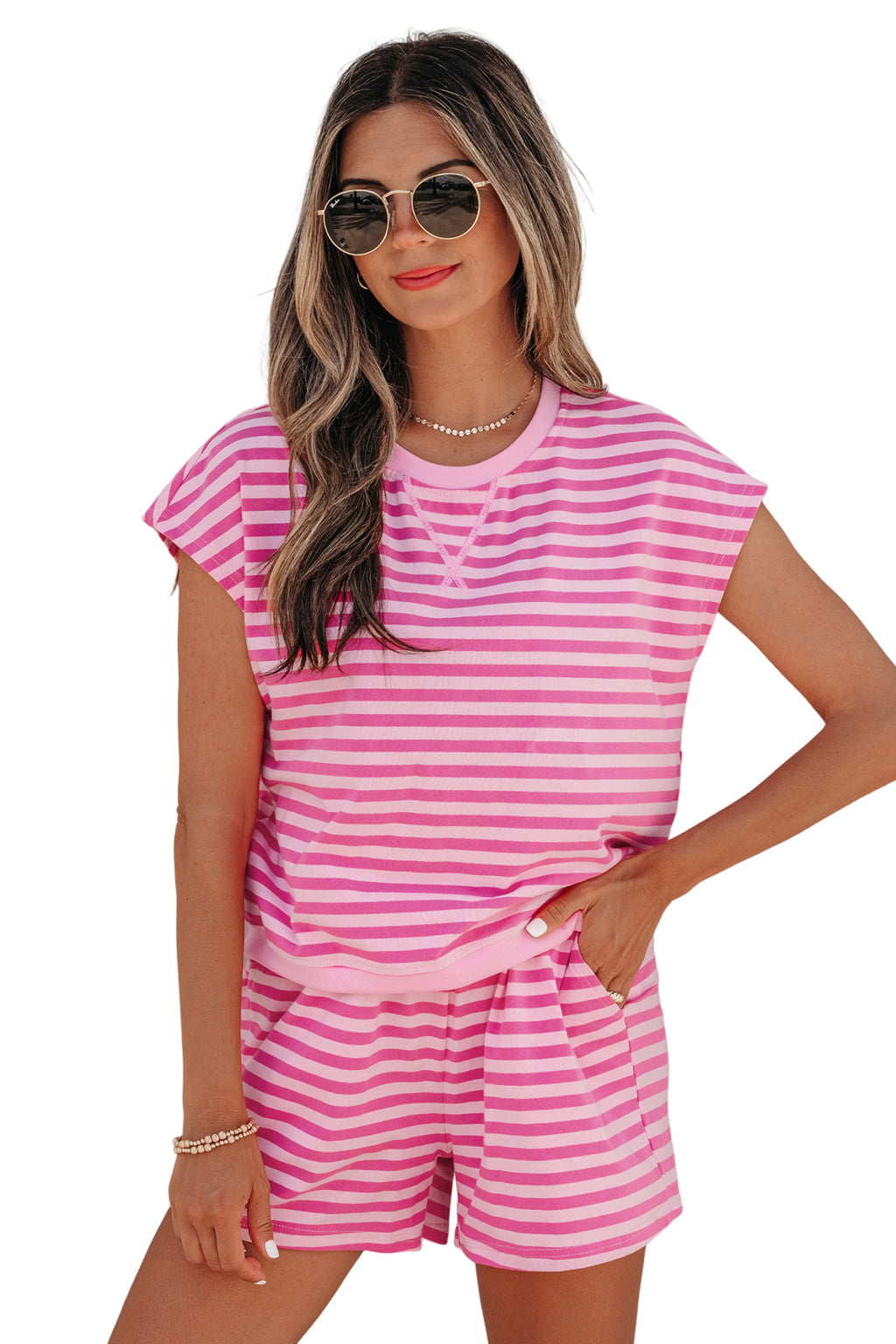 Pink Stripe Cap Sleeve Tee & Elastic Waist Shorts 2pcs Co-ord Outfit