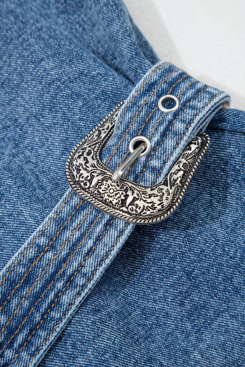 Women's Myosotis Blue Western Belt Button-Down Sleeveless Denim Mini Dress at LivelyLooks