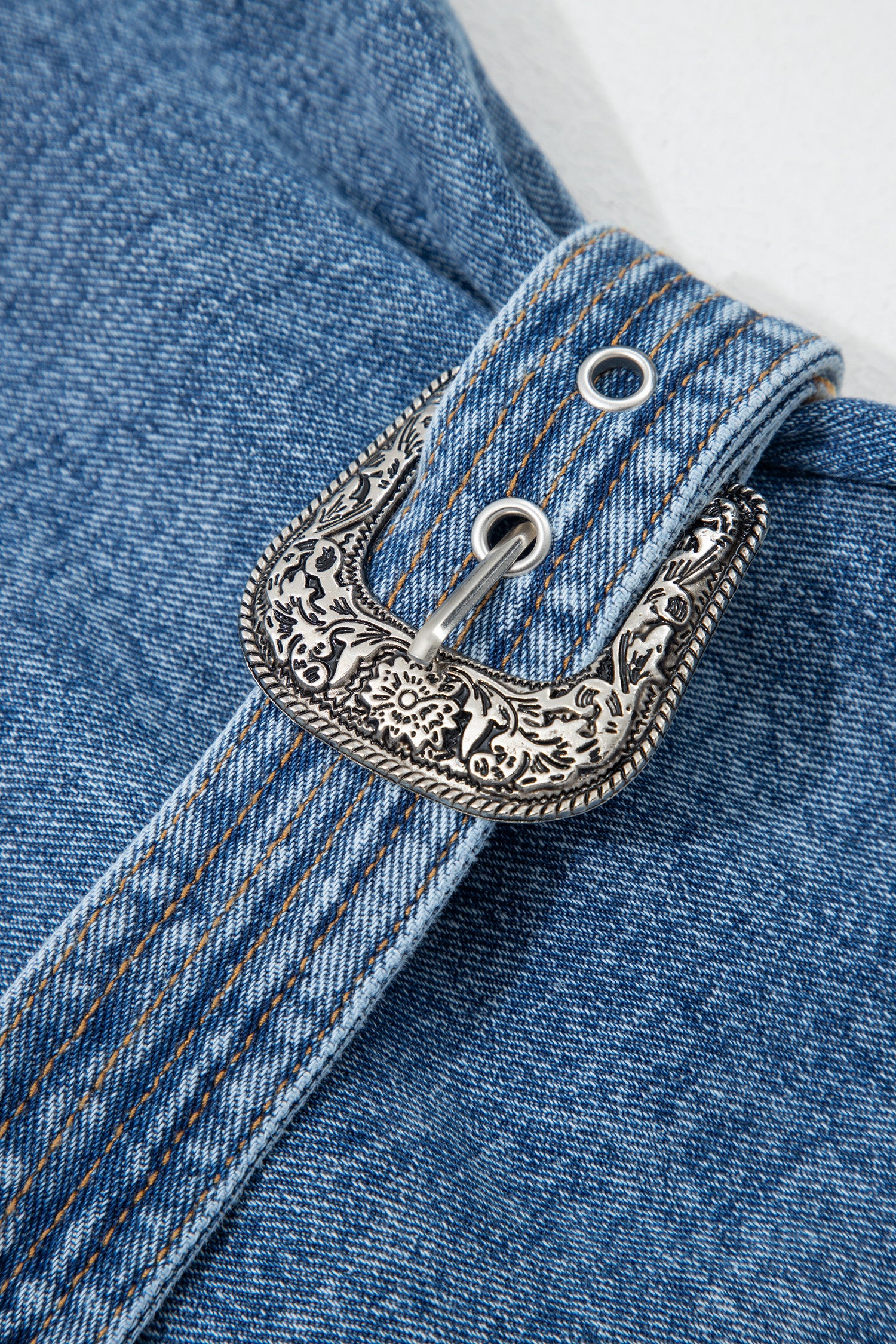 Women's Myosotis Blue Western Belt Button-Down Sleeveless Denim Mini Dress at LivelyLooks