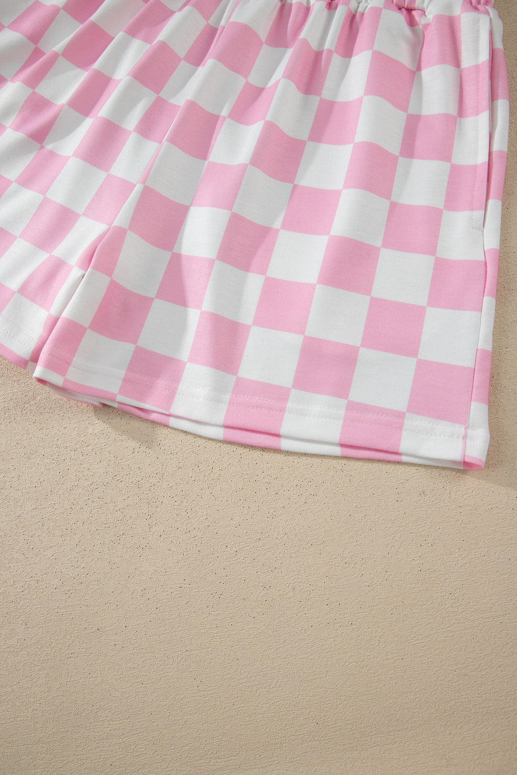 Shop Pink Checkered Print Colour Block Trim Mock Neck Short Set Two Piece Co-ord PJ at LivelyLooks