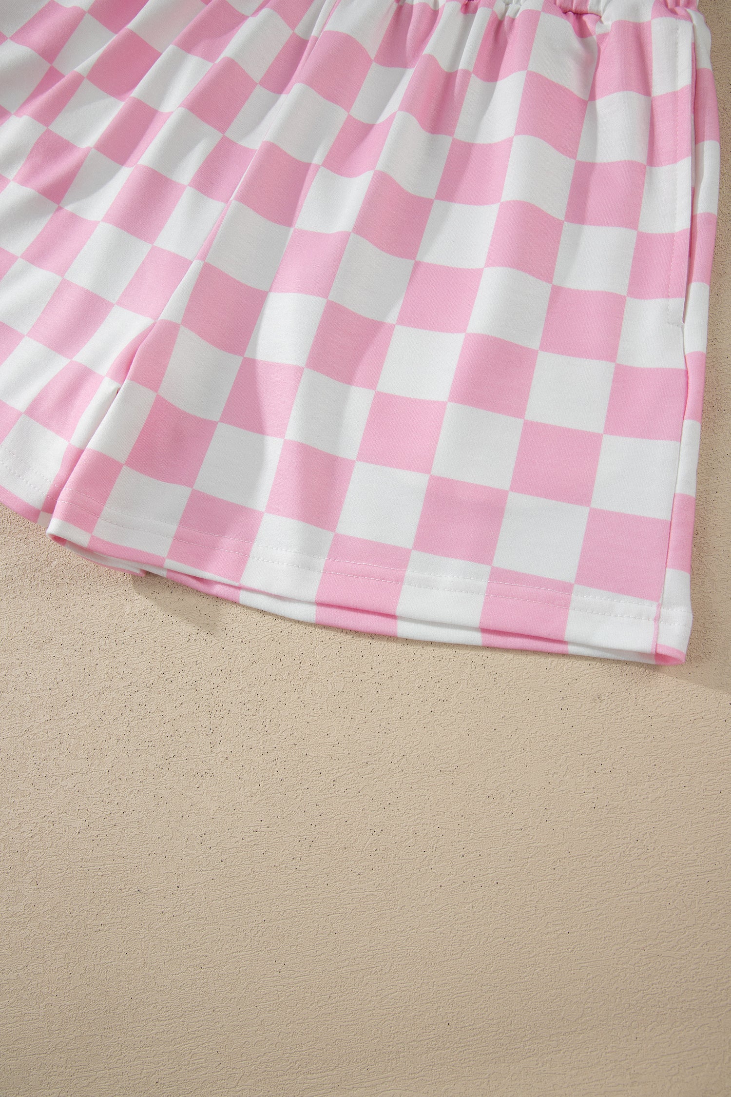 Shop Pink Checkered Print Colour Block Trim Mock Neck Short Set Two Piece Co-ord PJ at LivelyLooks