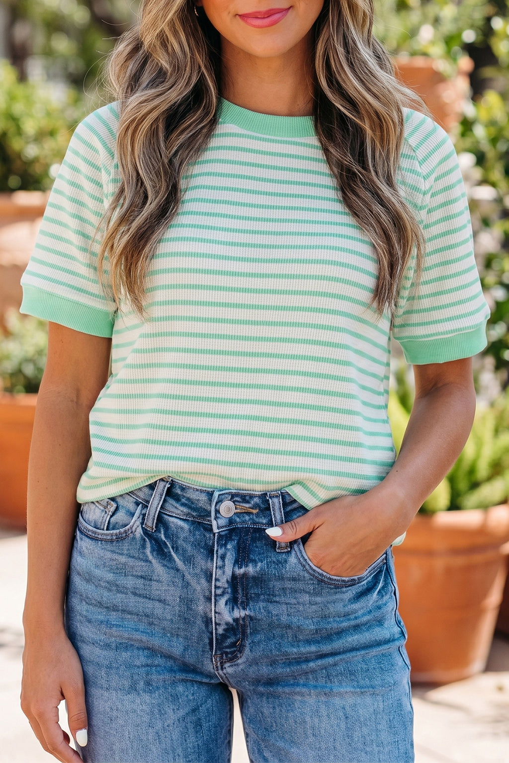 LivelyLooks Women's Stripe Colourblock Trim Round Neck Short Sleeve Tee Top Green women's fashion