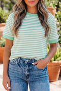 LivelyLooks Women's Stripe Colourblock Trim Round Neck Short Sleeve Tee Top Green women's fashion