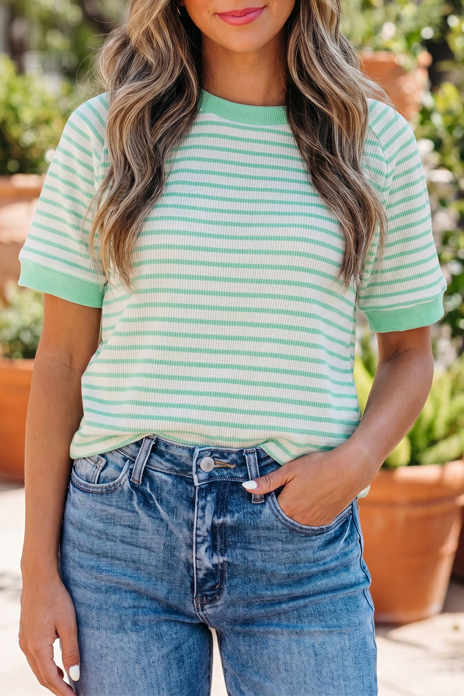 LivelyLooks Women's Stripe Colourblock Trim Round Neck Short Sleeve Tee Top Green women's fashion