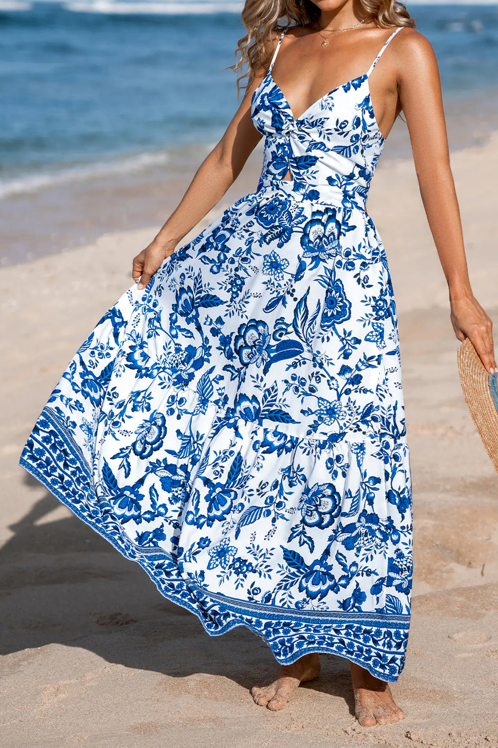 Women's Blue Floral Twisted Bust Spaghetti Strap Backless Maxi Dress S-XL at LivelyLooks