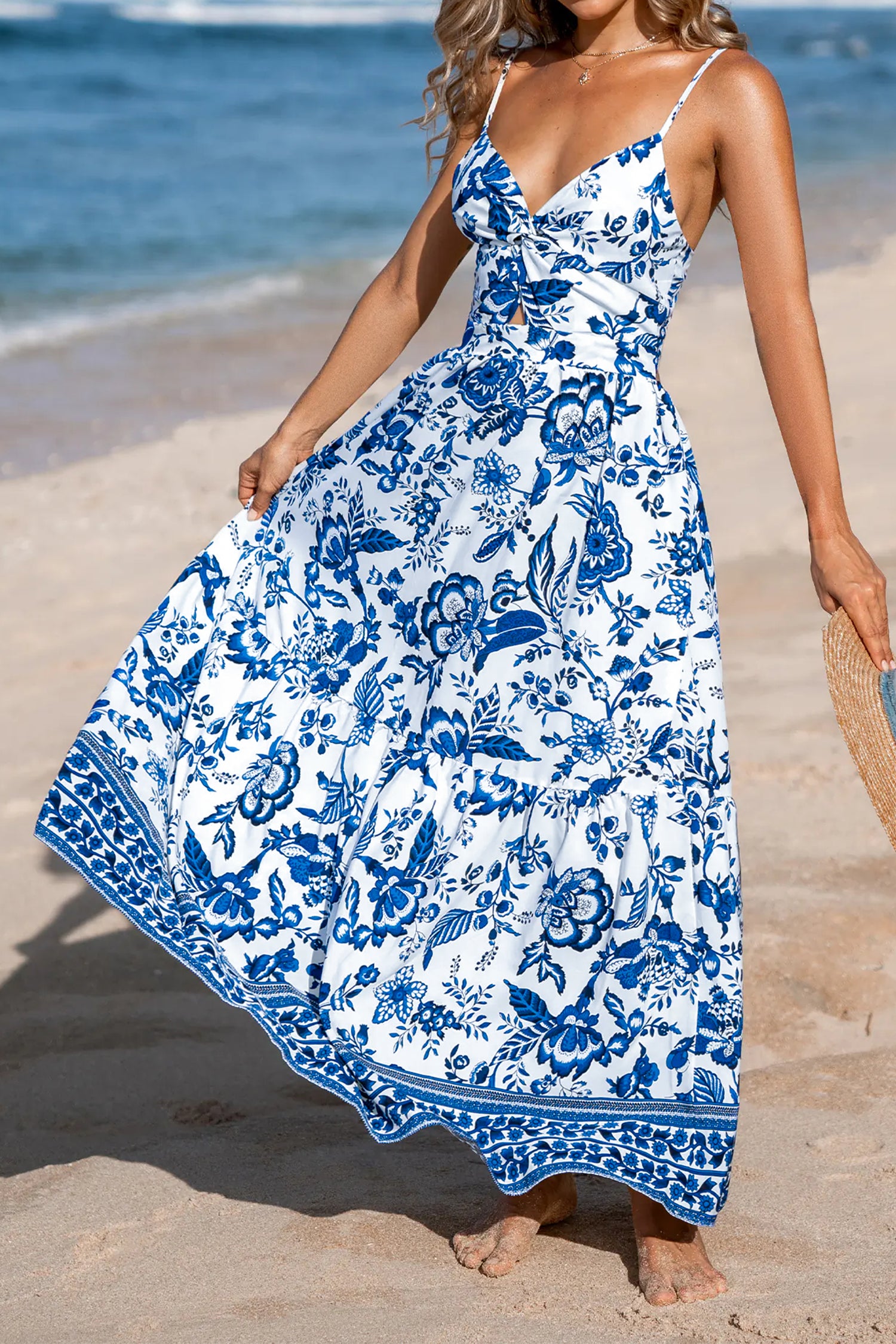 Women's Blue Floral Twisted Bust Spaghetti Strap Backless Maxi Dress S-XL at LivelyLooks