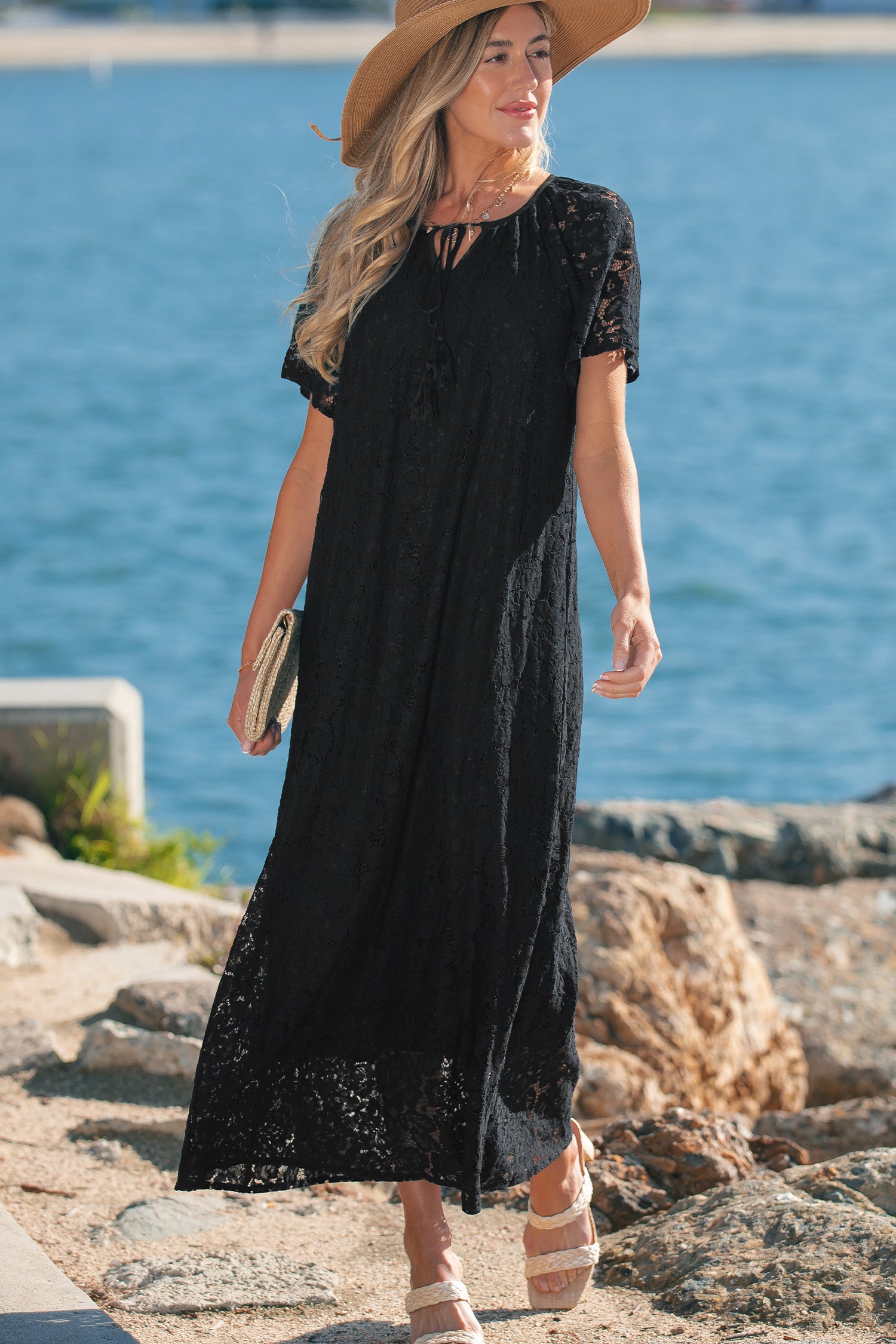 Black Floral Lace Overlay Tassel Tie Beach Vacation Maxi Dress S-XL