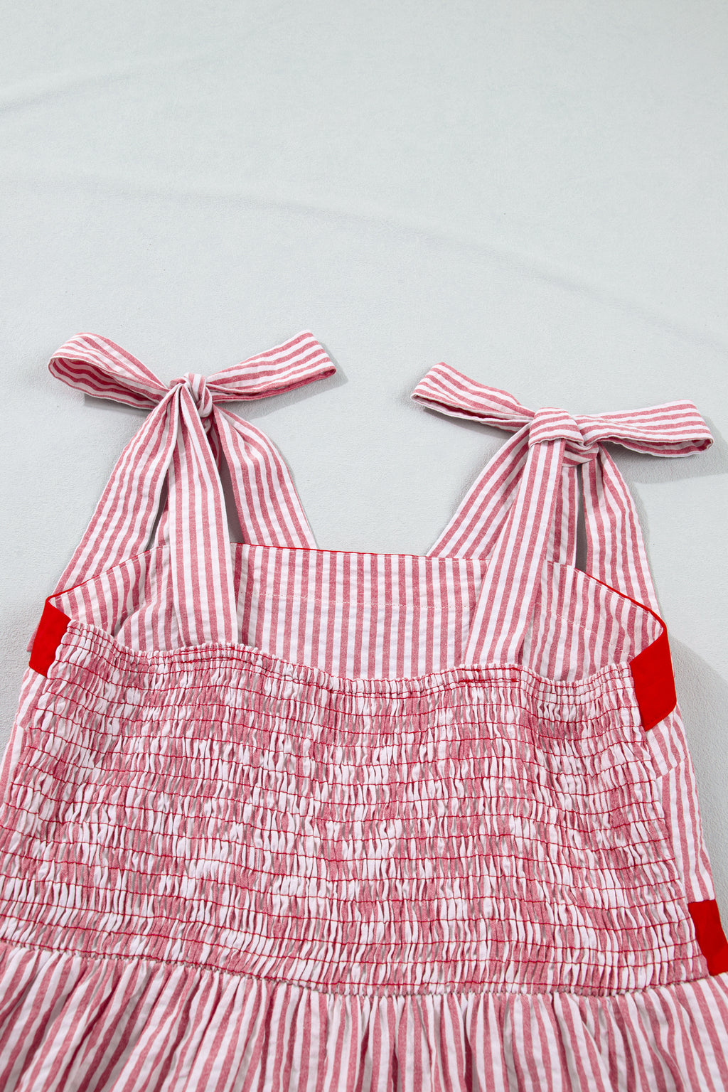 Women's Red Stripe Bow Knot Straps Contrast Trim High Waist Ruffle Maxi Dress at LivelyLooks