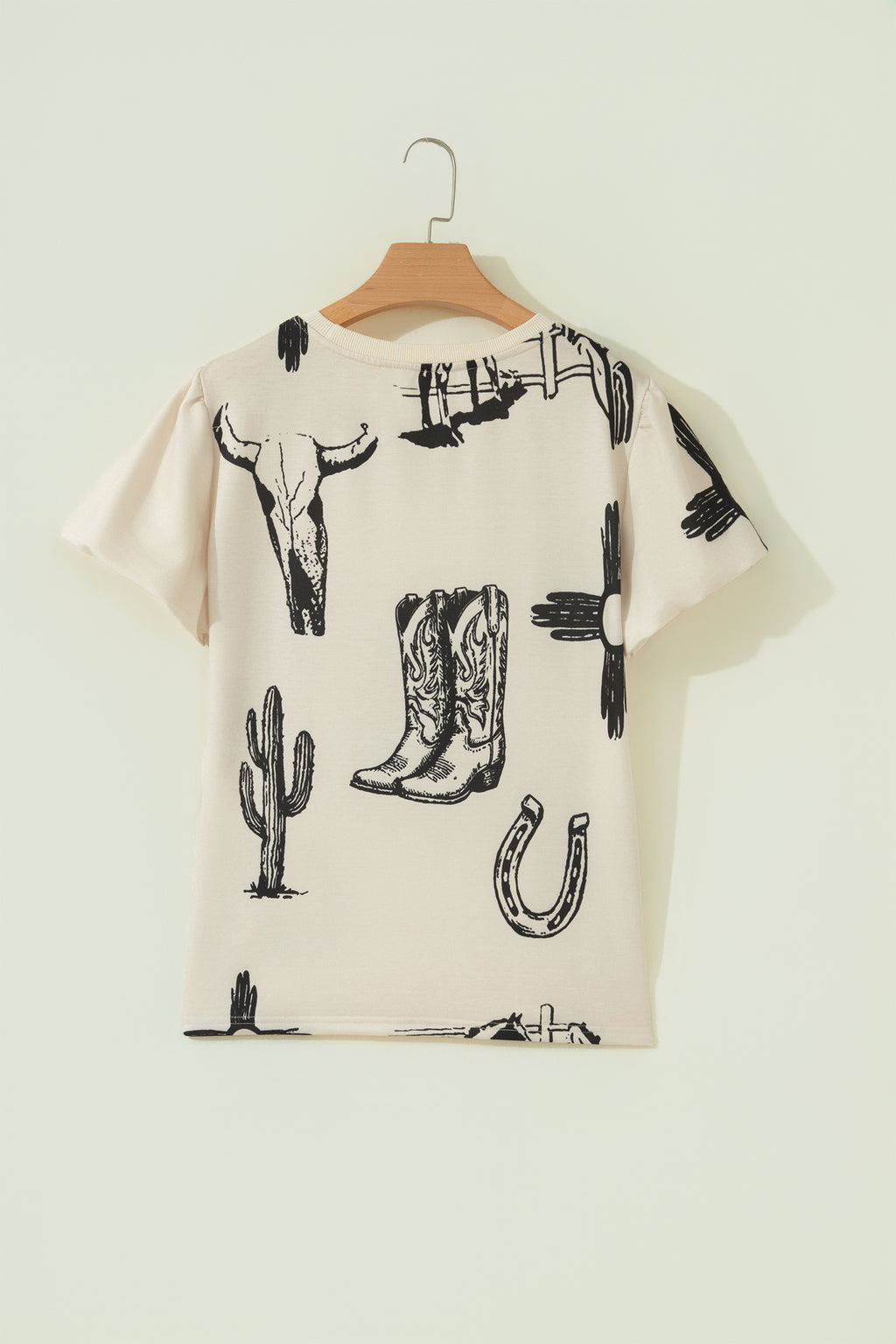 Beige Retro Western Print T-Shirt Cowboy Boots Cactus Short Sleeve Women S-XL