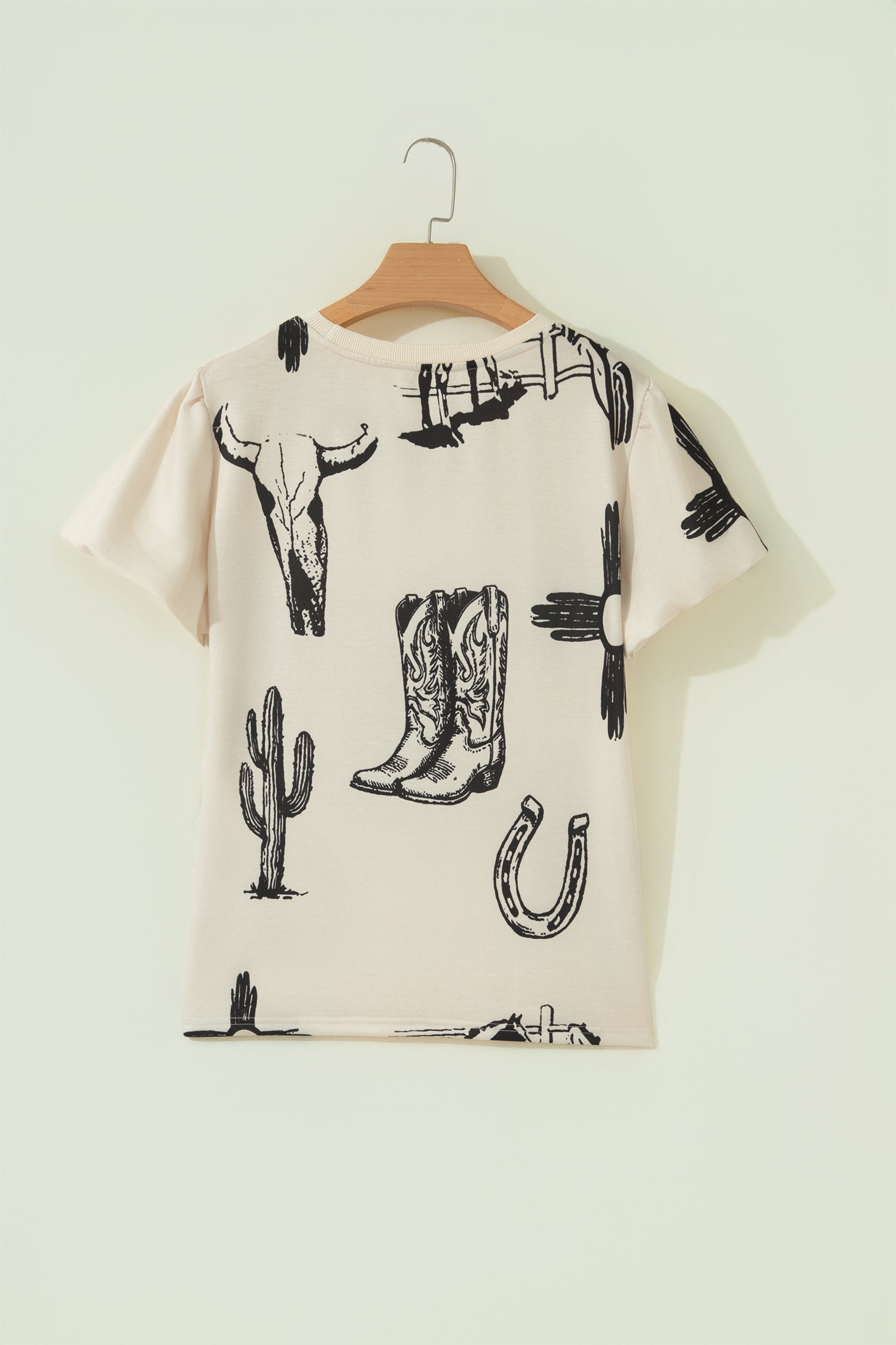 Beige Retro Western Print T-Shirt Cowboy Boots Cactus Short Sleeve Women S-XL