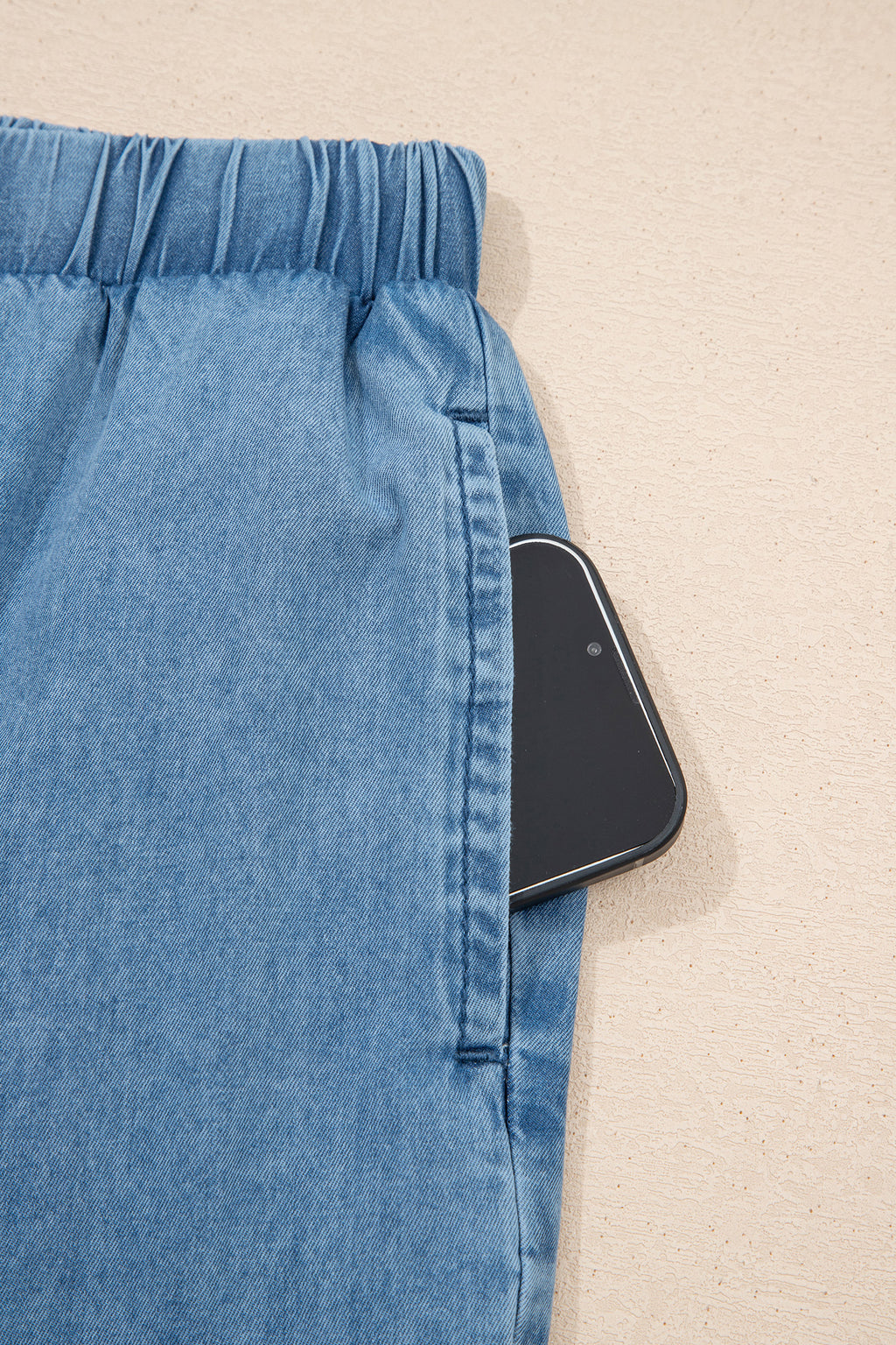 Shop Dusk Blue Ruffled Hem Wide Leg Chambray Trousers UK 8-20 at LivelyLooks