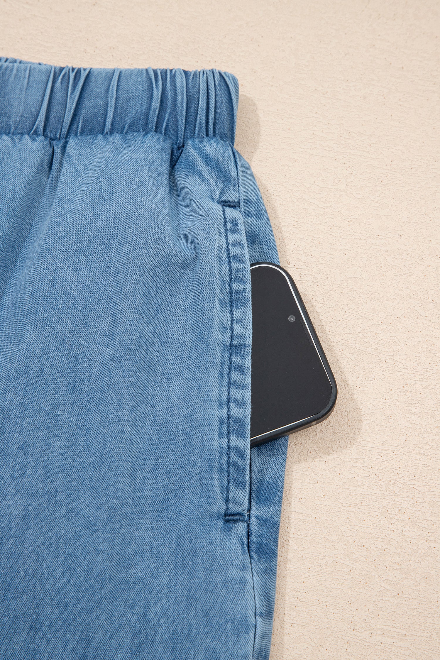 Shop Dusk Blue Ruffled Hem Wide Leg Chambray Trousers UK 8-20 at LivelyLooks