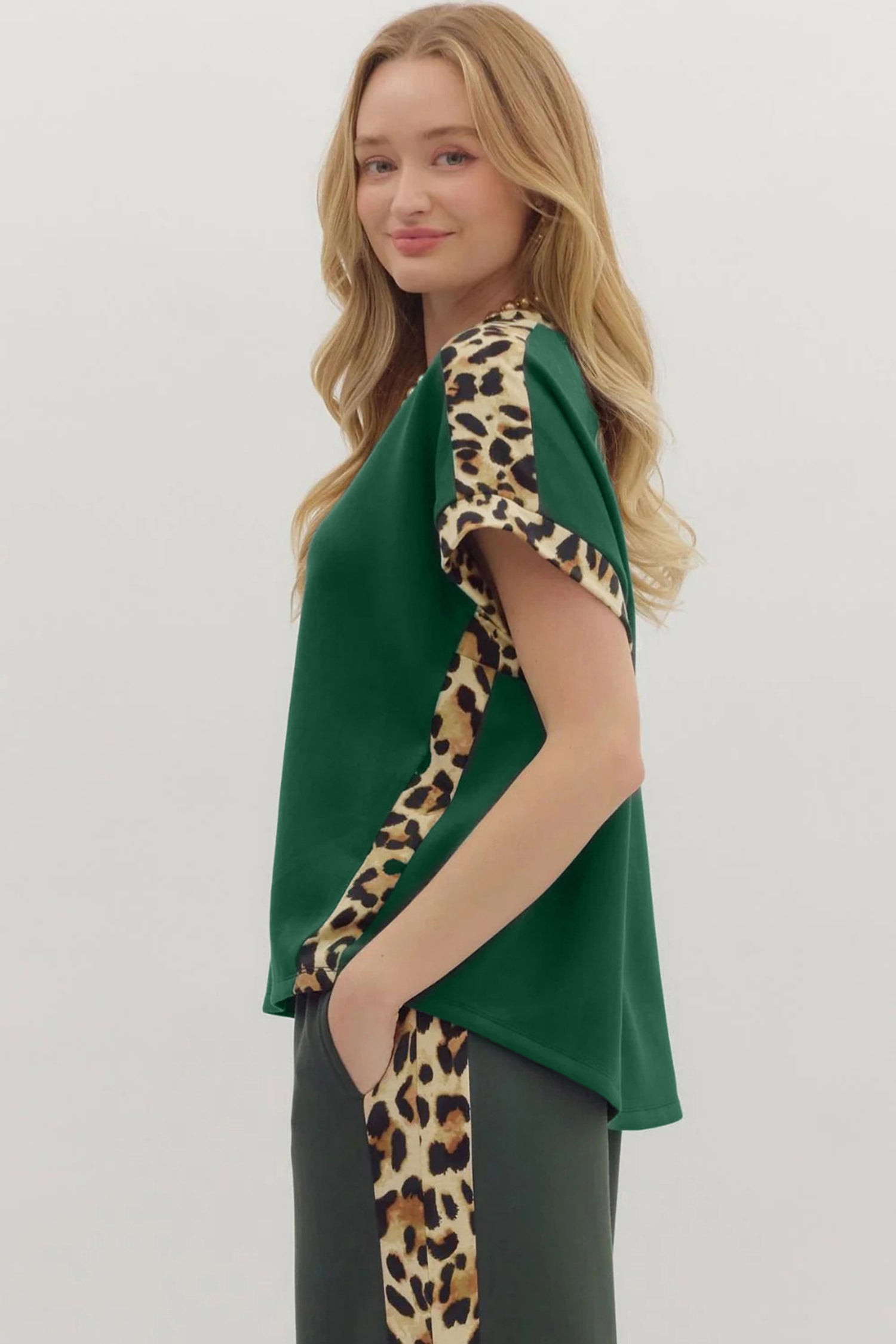 Leopard Trim Loose T-Shirt Green & Beige Relaxed Fit S-XL