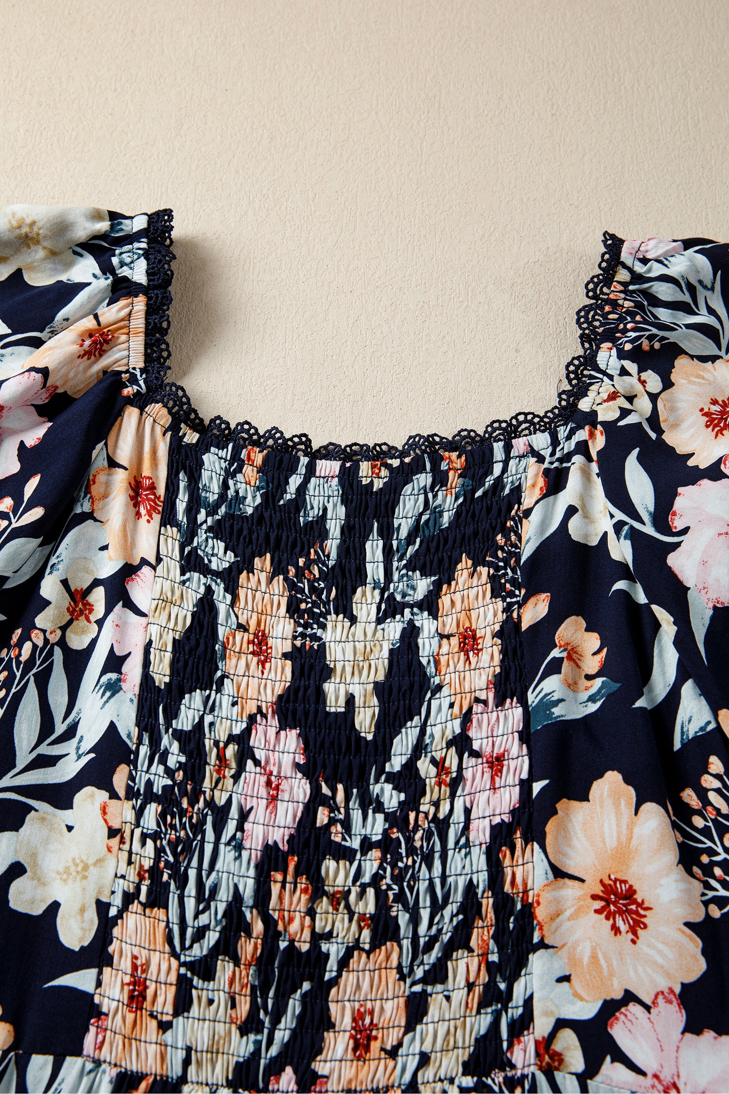 Women's Blue Floral Smocked High Waist Short Sleeve Maxi Dress at LivelyLooks