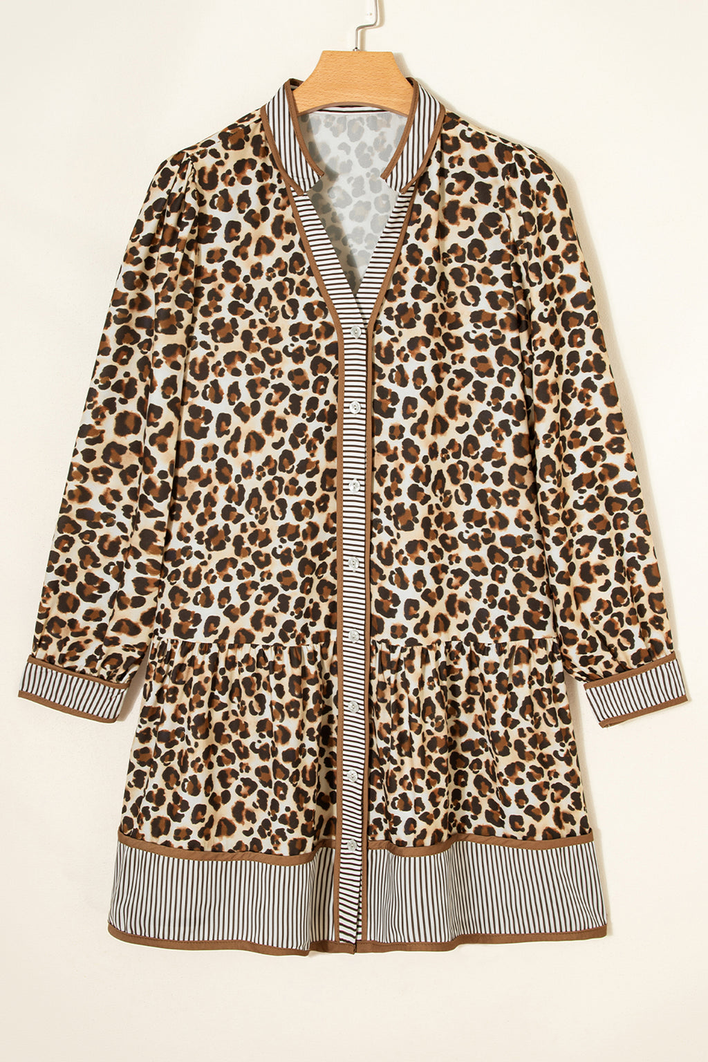 Women's Brown Leopard Stripe Patchwork 3/4 Sleeve Loose Mini Dress at LivelyLooks