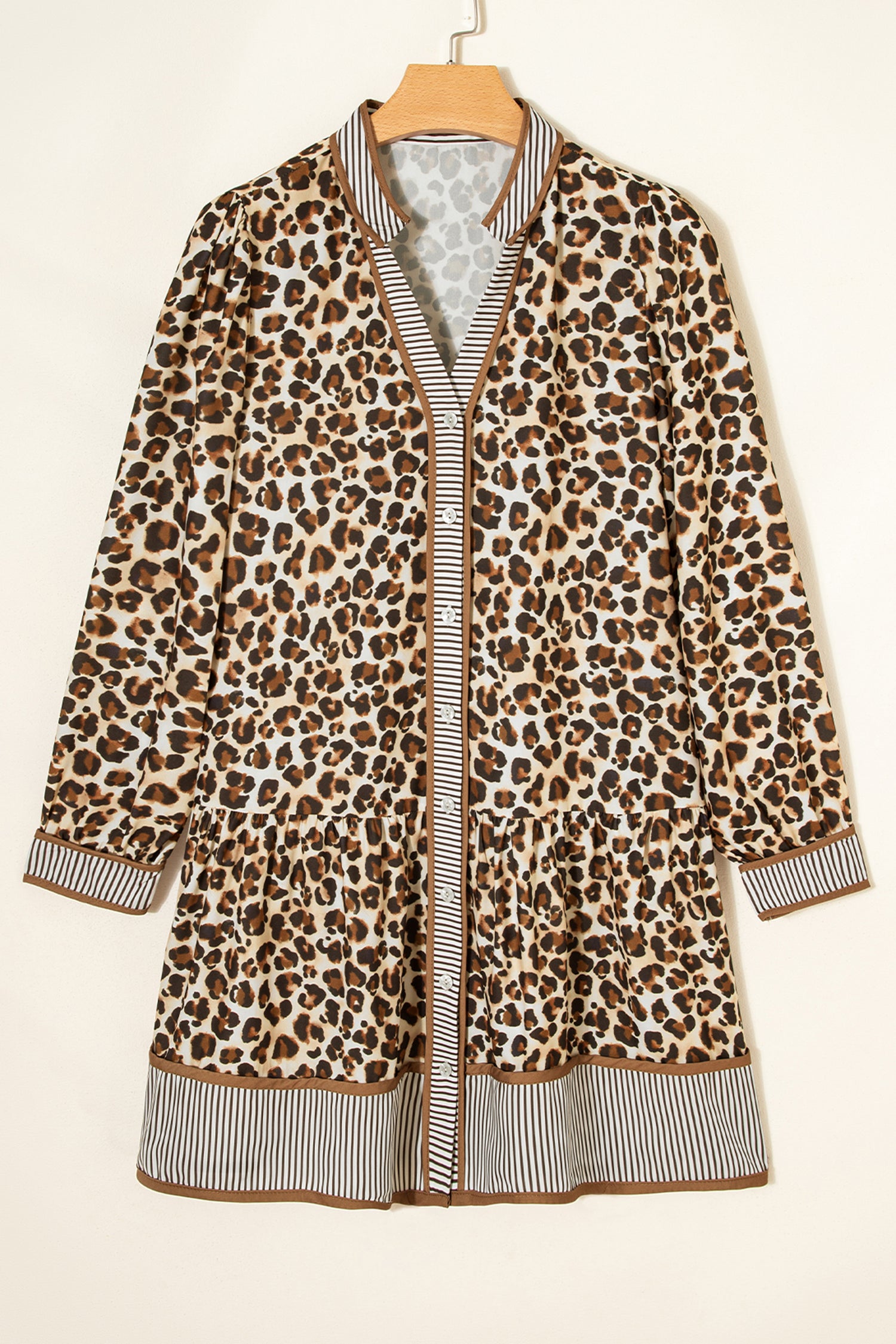 Women's Brown Leopard Stripe Patchwork 3/4 Sleeve Loose Mini Dress at LivelyLooks