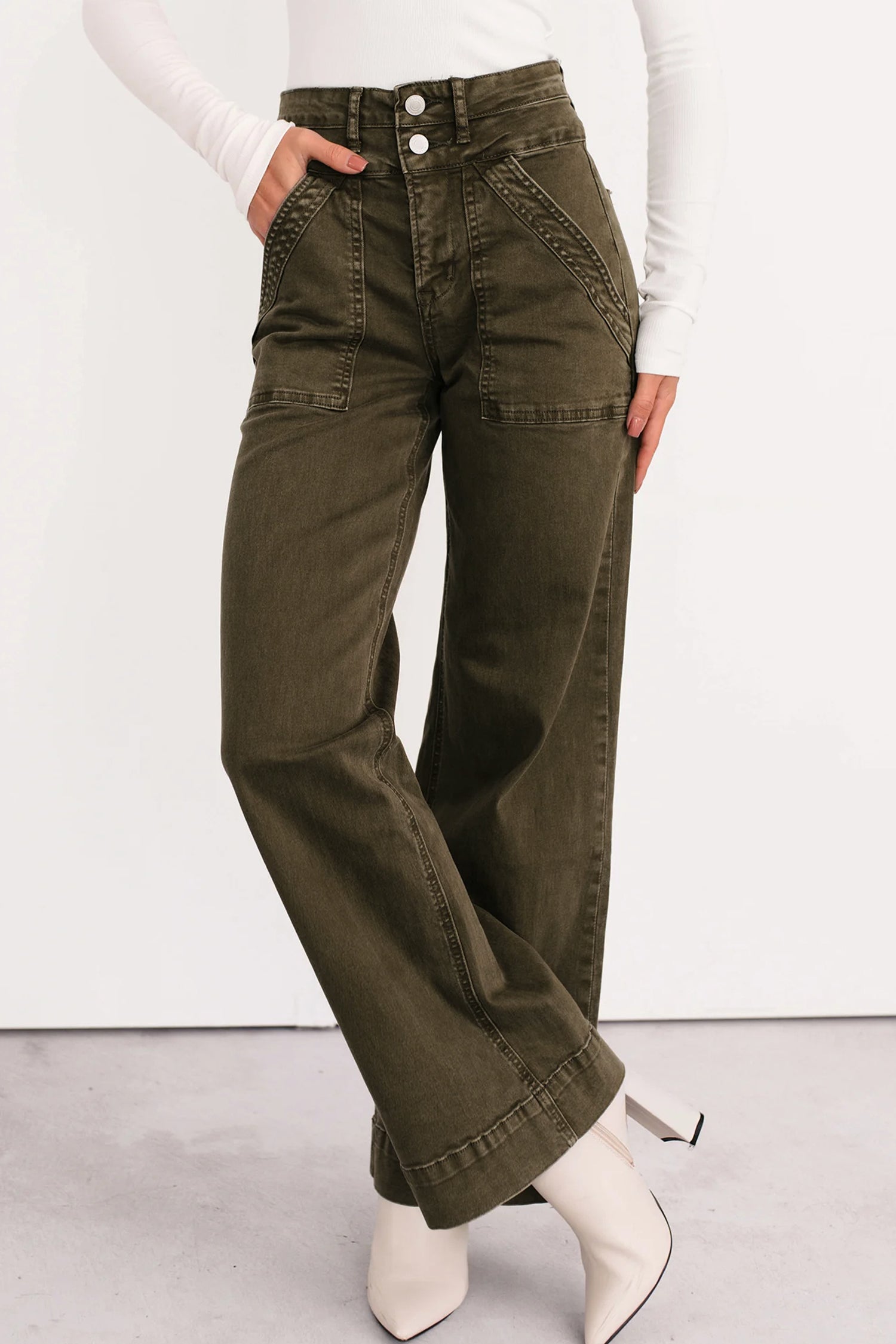 Women's Women's Loose Straight Jeans Double Waistband Jungle Green Sizes 4-16 at LivelyLooks
