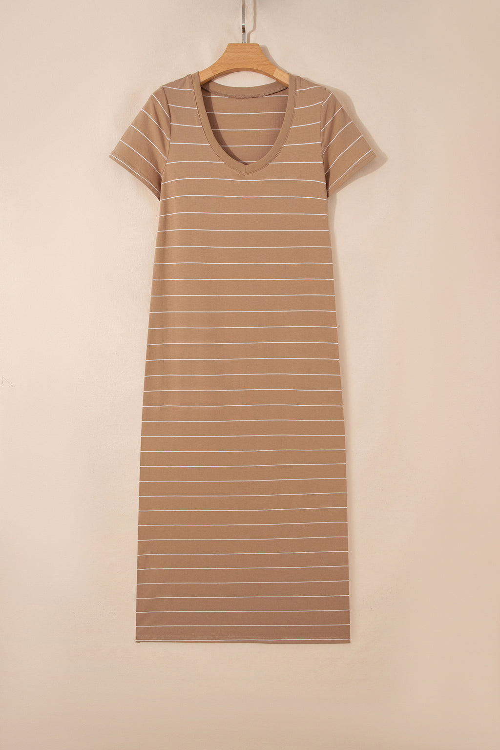 Khaki Stripe Casual Short Sleeve Side Slit Maxi T-Shirt Dress S-XL