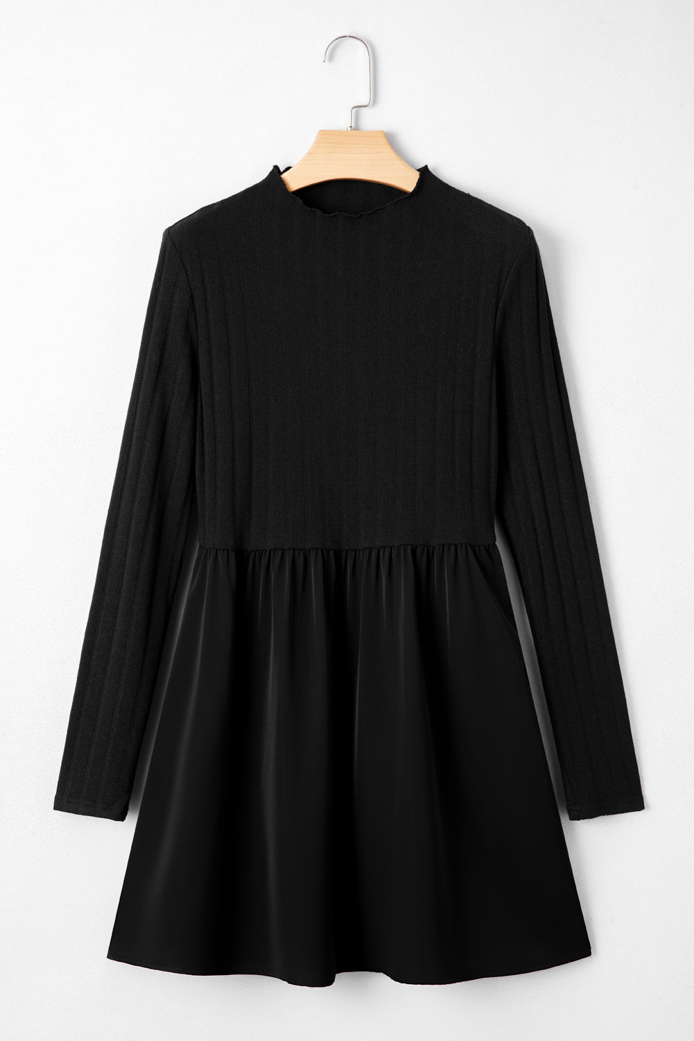 Black & Burgundy Frilled Neck Ribbed Knit Long Sleeve Mini Dress S-XL