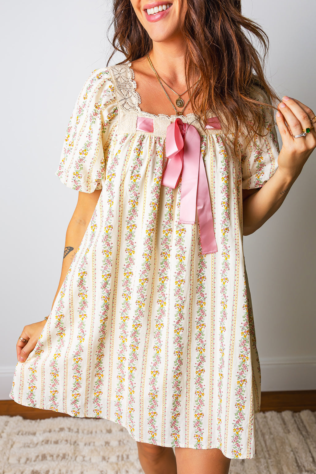 Multicolour Floral Ribbon Bow Lace Trim Square Neck Babydoll Mini Dress