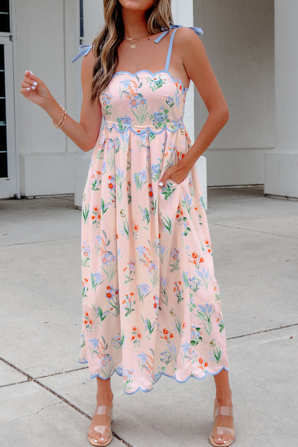 Floral Midi Dress Contrast Trim Self-Tie Straps High Waist Beige Pink Yellow