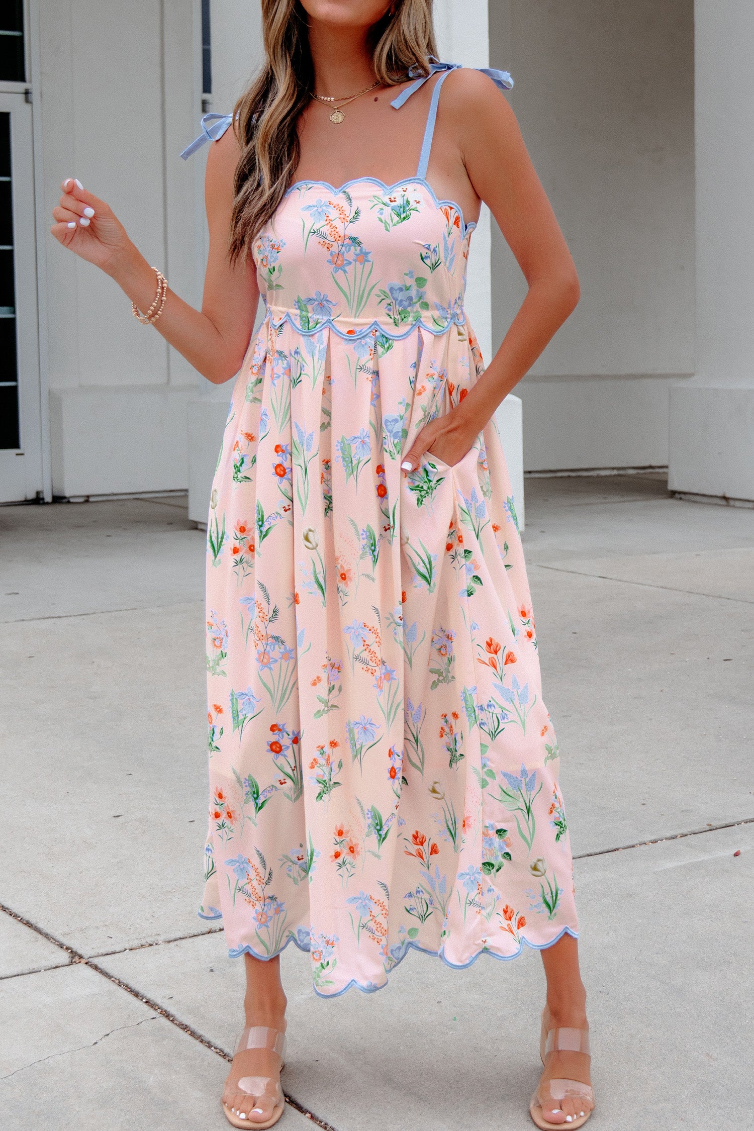 Floral Midi Dress Contrast Trim Self-Tie Straps High Waist Beige Pink Yellow