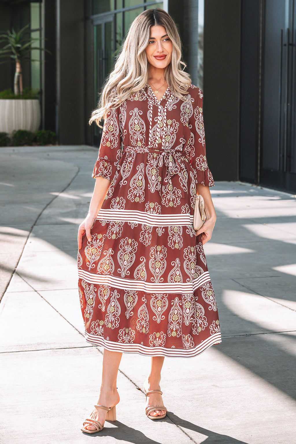 Brown Floral Print Belted Striped Trim Tiered Maxi Dress | Boho Summer