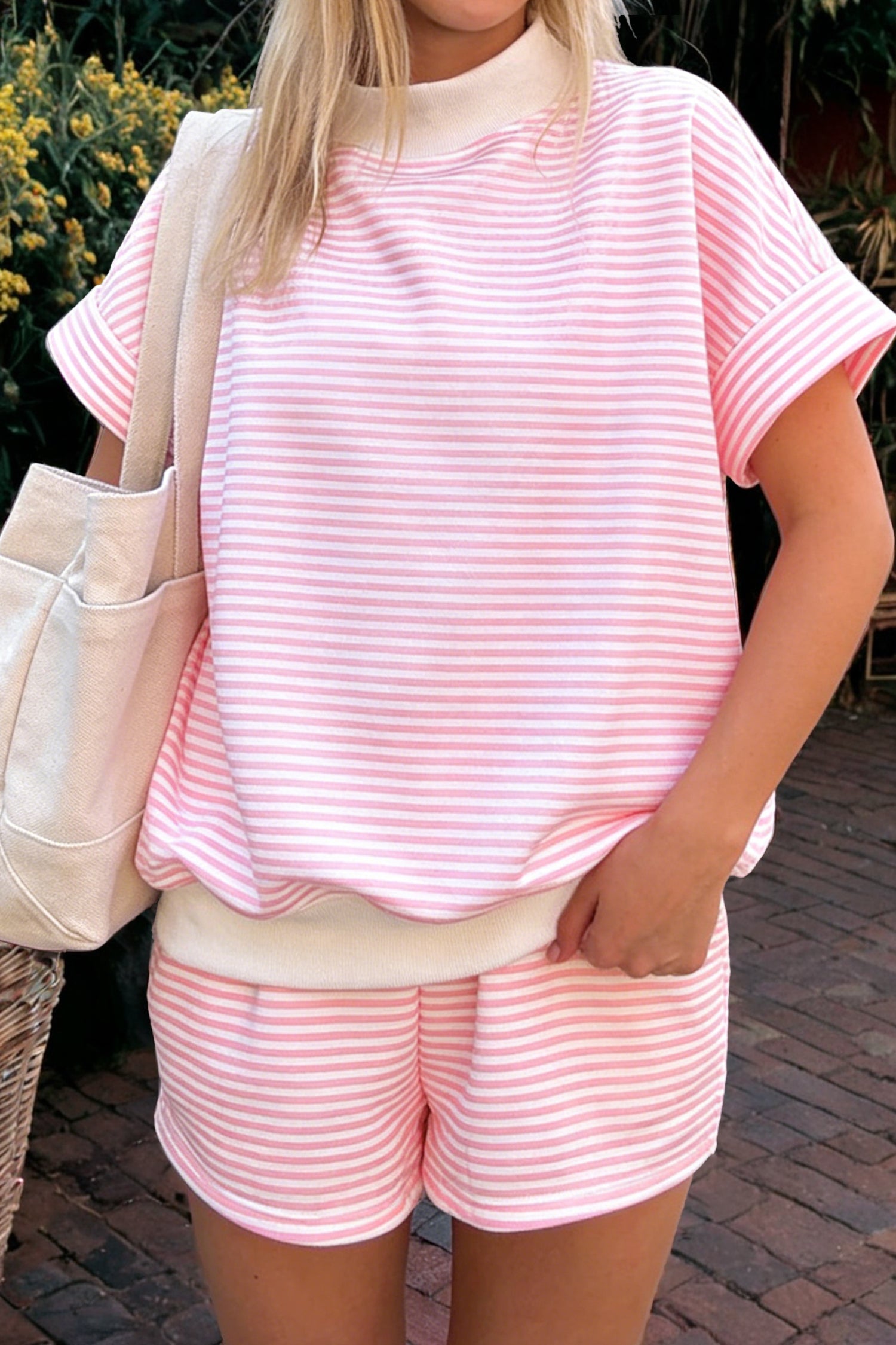Striped Cuffed Sleeve Mock Neck Tee & Shorts Co-ord | Sky Blue, Pink & Green