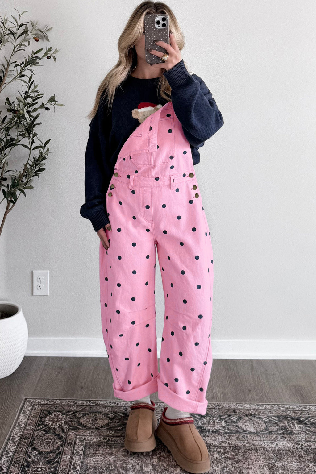 Polka Dot Denim Barrel Overalls Jumpsuit | Cream Beige Pink UK 8–22