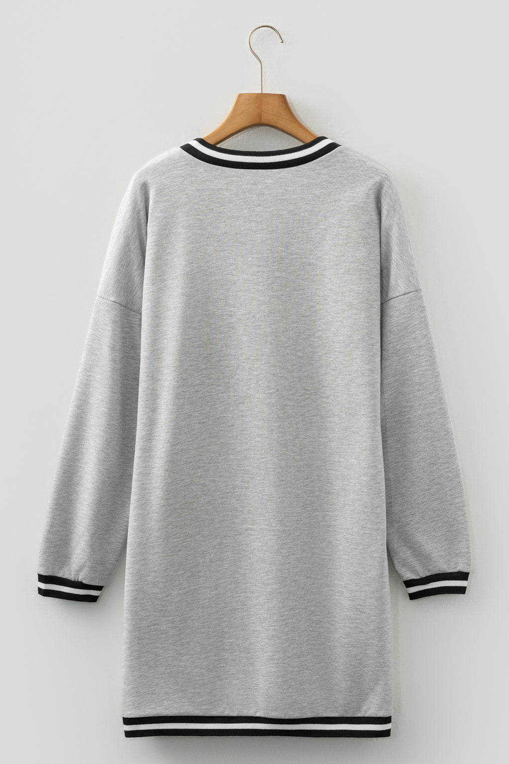 Light Grey Striped Trim V Neck Long Sleeve Preppy T-Shirt Dress S-XL