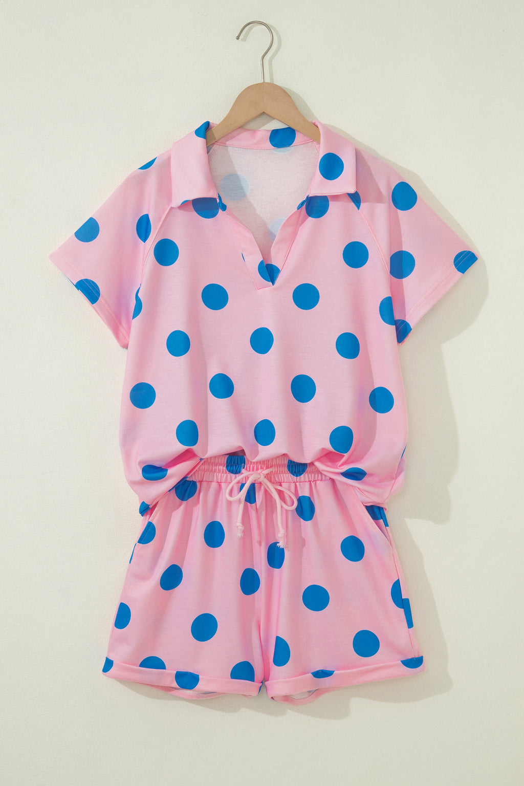 Polka Dot V-Neck Tee & Shorts Co-ord Set | Green, Pink & Beige S-XL