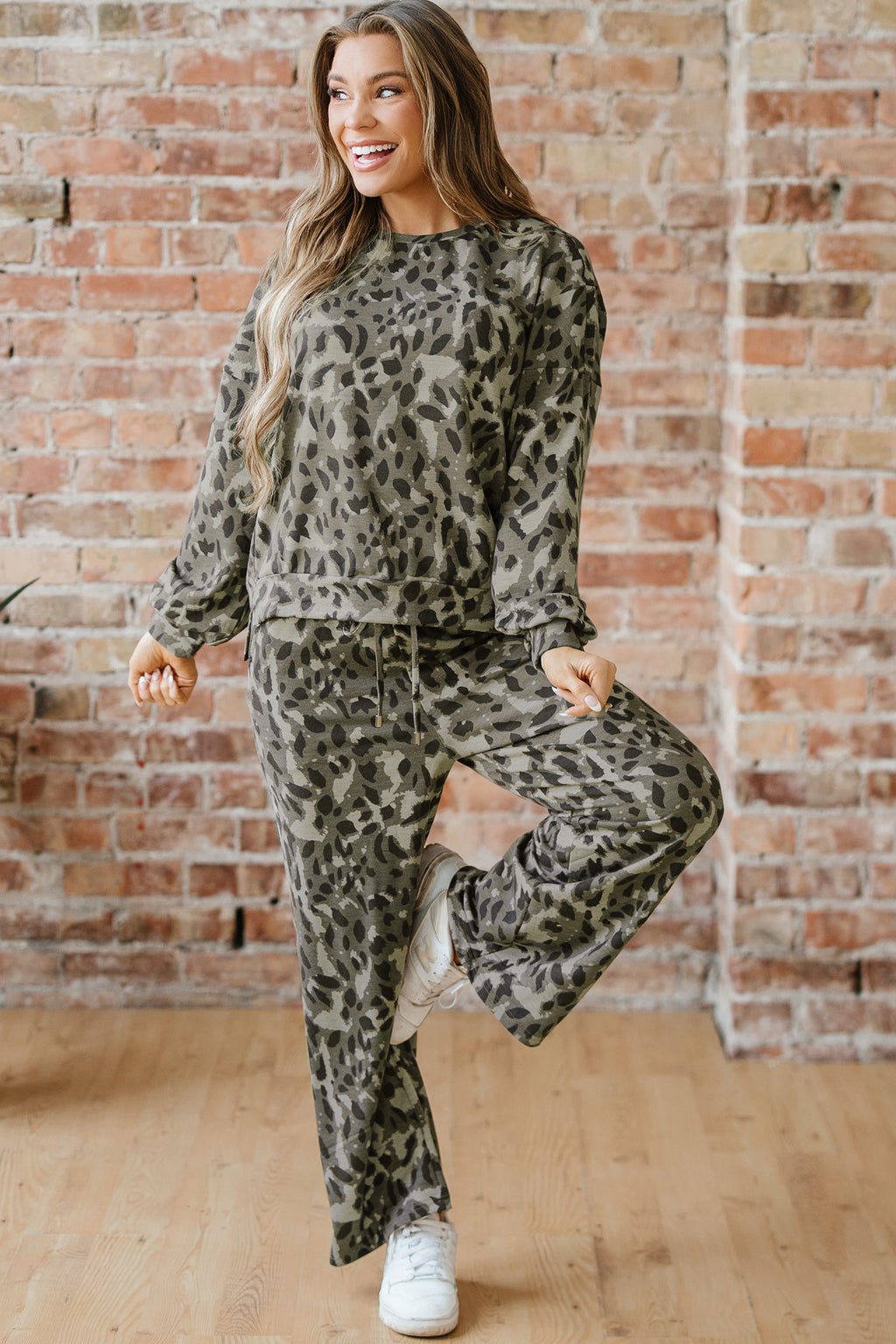Leopard Print Raw Seam Pullover & Wide Leg Pant Set | Brown & Grey