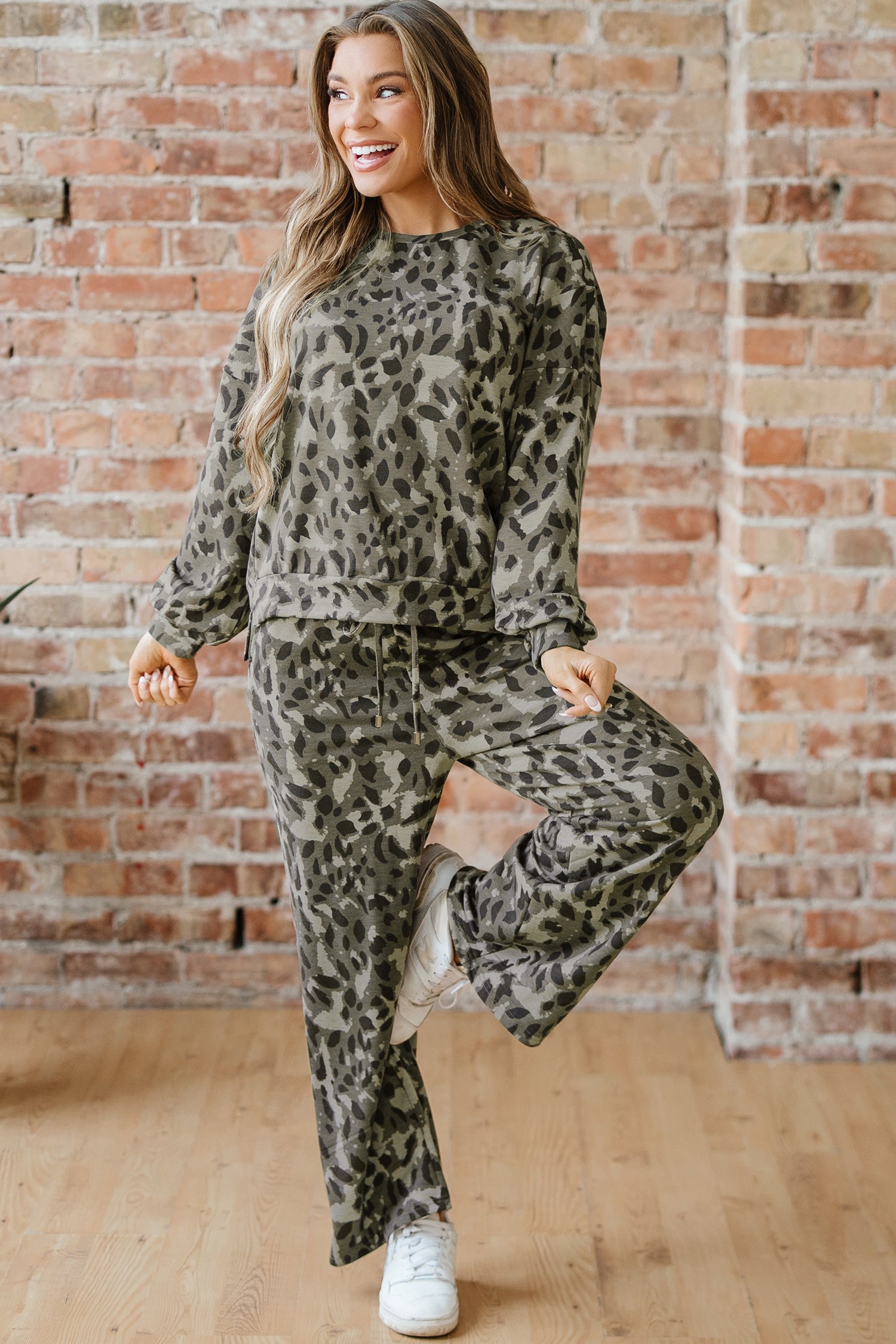 Leopard Print Raw Seam Pullover & Wide Leg Pant Set | Brown & Grey