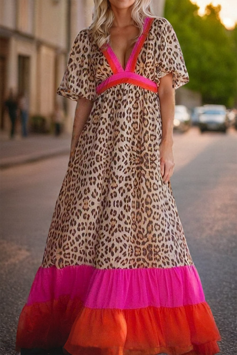 Bright Pink Leopard Colour Block Bubble Sleeve Maxi Dress S-3XL