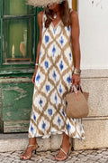 Khaki Boho Maxi Dress Abstract Print V-Neck Sleeveless UK 8-22