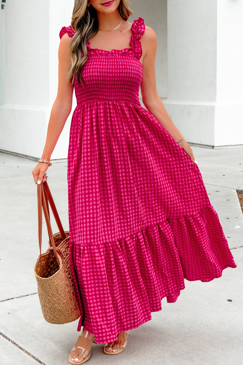 Red Plaid Fit & Flare Sundress Square Neck Vacation Women S-XL
