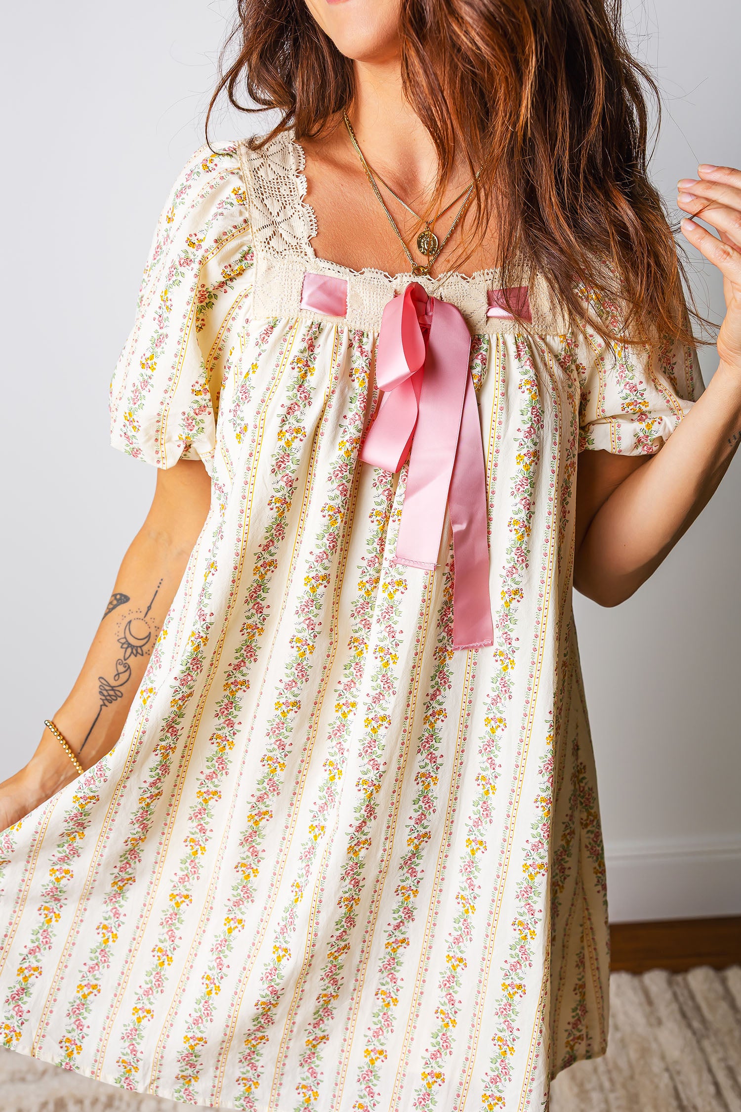 Multicolour Floral Ribbon Bow Lace Trim Square Neck Babydoll Mini Dress